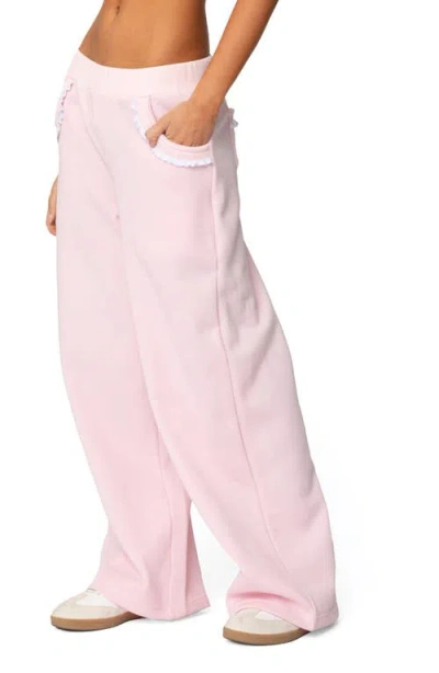 Edikted Ashtin Ruffle Trim Wide Leg Sweatpants In Light-pink