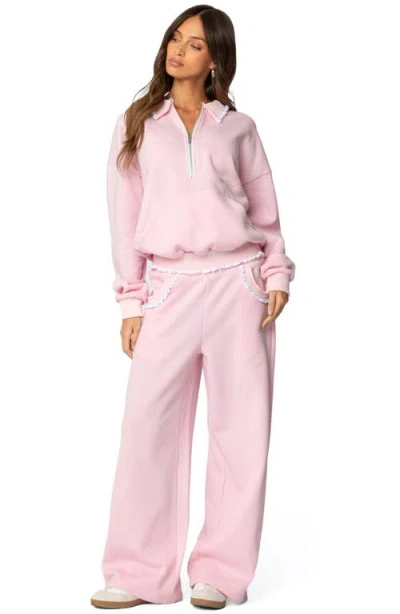Edikted Ashtin Ruffle Trim Wide Leg Sweatpants In Light-pink