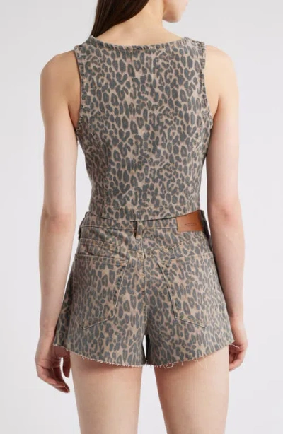 Hidden Jeans Cheetah Print Crop Denim Vest In Khaki