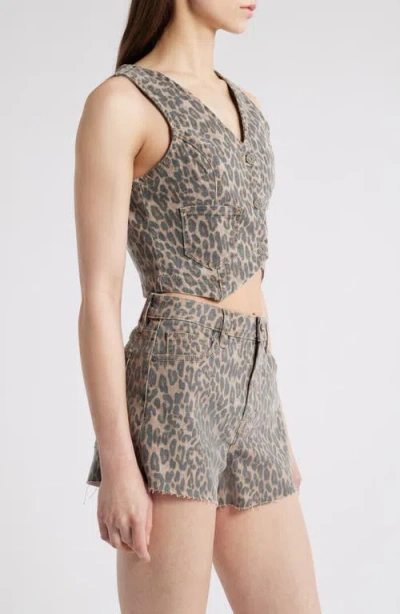 Hidden Jeans Cheetah Print Crop Denim Vest In Khaki
