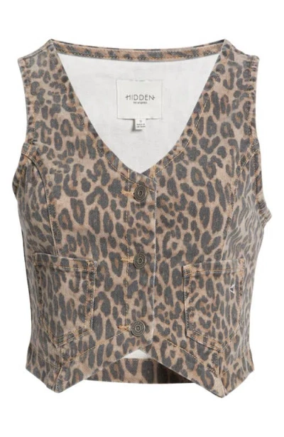 Hidden Jeans Cheetah Print Crop Denim Vest In Khaki