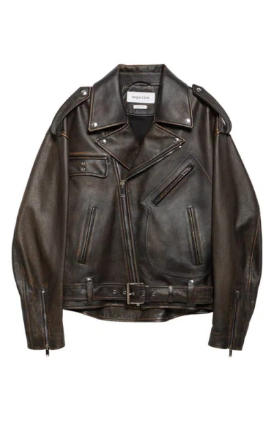 Alexander Mcqueen Mcqueen Antiqued Leather Biker Jacket In Dark Brown/tan