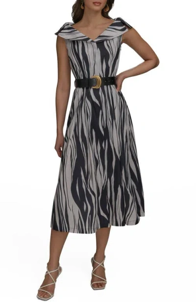 Donna Karan New York Zebra Print Notched Lapel Belted Midi Dress In Black/pristine