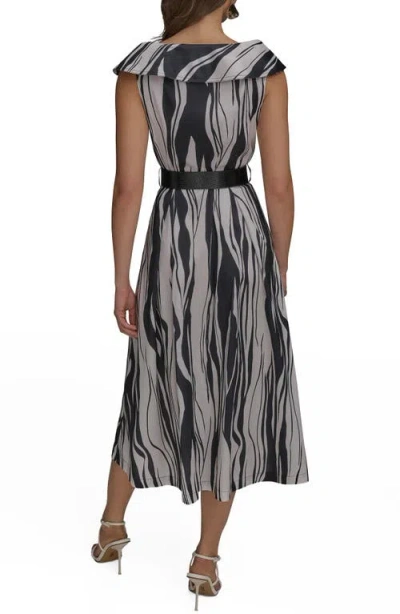 Donna Karan New York Zebra Print Notched Lapel Belted Midi Dress In Black/pristine