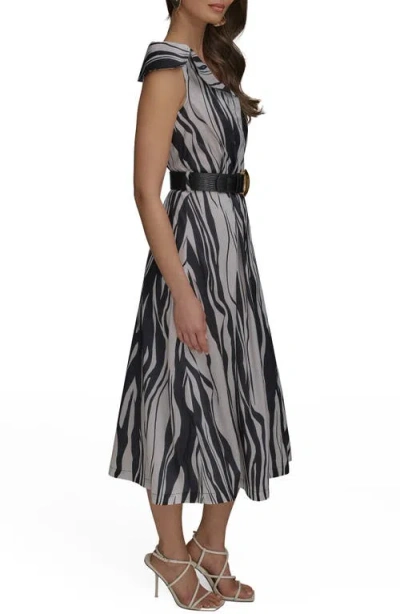 Donna Karan New York Zebra Print Notched Lapel Belted Midi Dress In Black/pristine