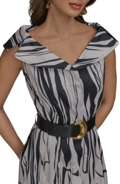 Donna Karan New York Zebra Print Notched Lapel Belted Midi Dress In Black/pristine
