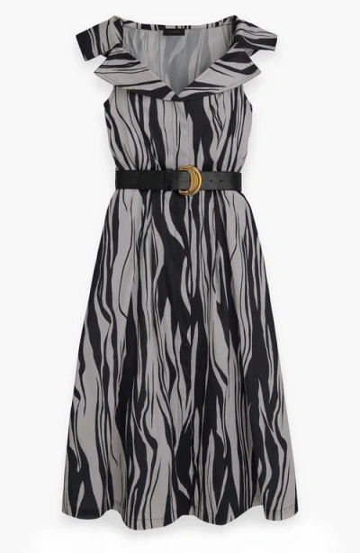 Donna Karan New York Zebra Print Notched Lapel Belted Midi Dress In Black/pristine