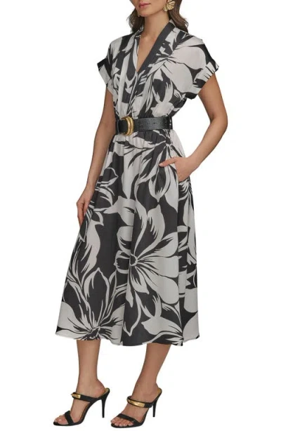 Donna Karan Women's Floral-print Belted Midi Dress In Black