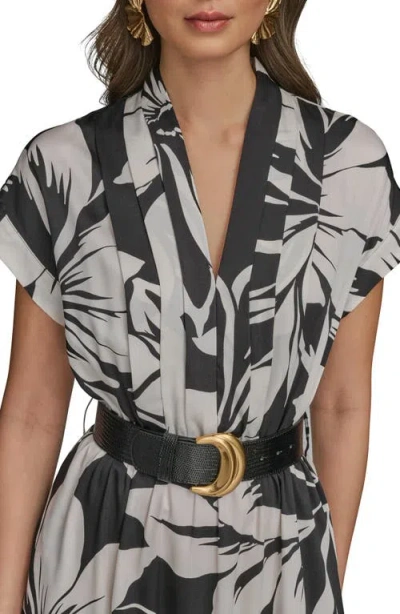 Donna Karan Women's Floral-print Belted Midi Dress In Black