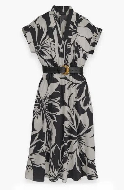 Donna Karan Women's Floral-print Belted Midi Dress In Black