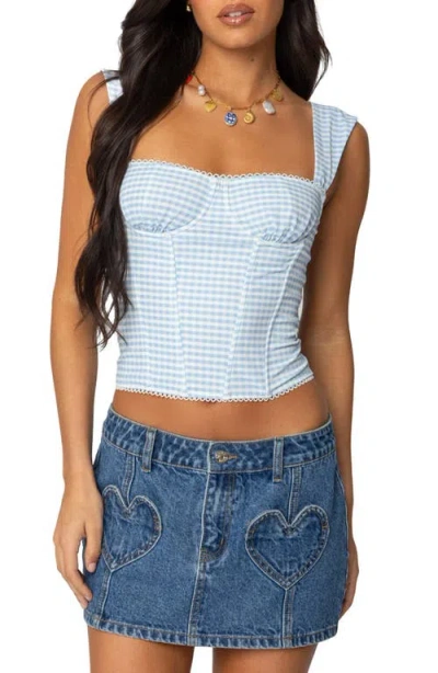 Edikted Marcella Gingham Mesh Corset Top In Light-blue