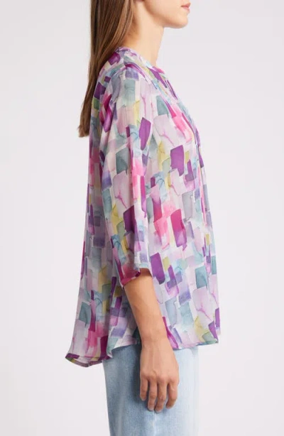 Apny Print Tie Neck Top In Purple Multi