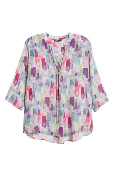 Apny Print Tie Neck Top In Purple Multi
