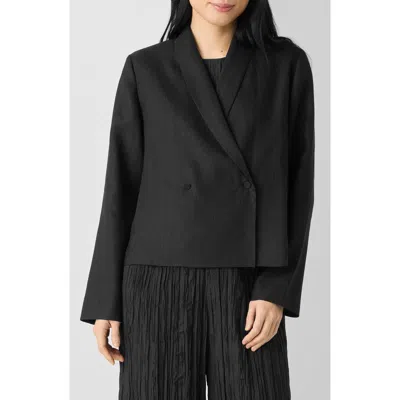 Eileen Fisher Shawl Collar Textured Silk Weave Double Breasted Jacket In Black
