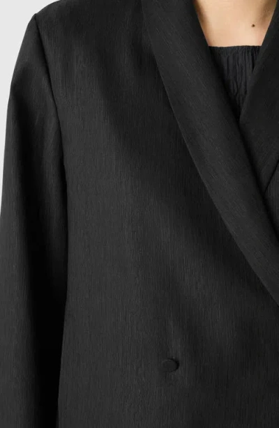 Eileen Fisher Shawl Collar Textured Silk Weave Double Breasted Jacket In Black