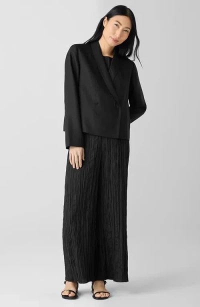 Eileen Fisher Shawl Collar Textured Silk Weave Double Breasted Jacket In Black