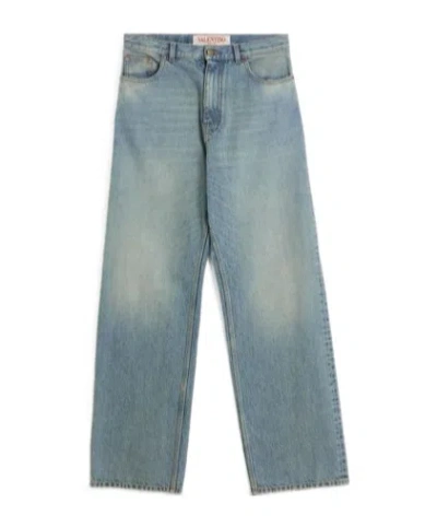 Valentino Stitched Belt Loops Straight Five-pocket Trousers In Blue