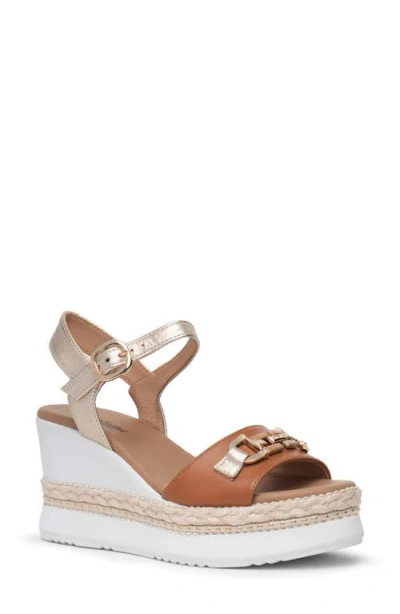 Nerogiardini Leather Horsebit Roped Platform Wedge Sandals In Cognac