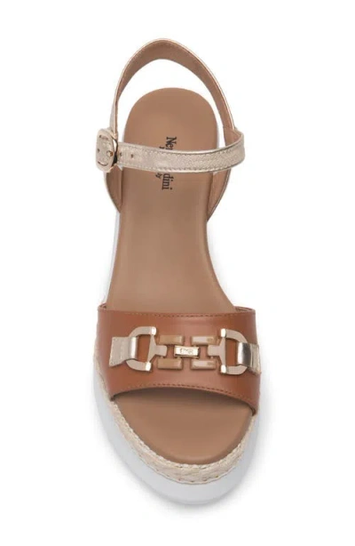 Nerogiardini Leather Horsebit Roped Platform Wedge Sandals In Cognac