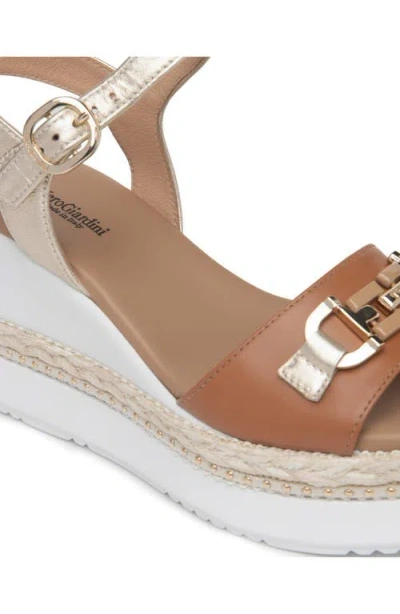 Nerogiardini Leather Horsebit Roped Platform Wedge Sandals In Cognac