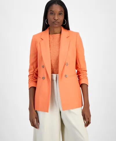 Bar Iii Women's Ruched-sleeve Open-front Linen Blazer, Exclusively At Macy's In Terra Clay