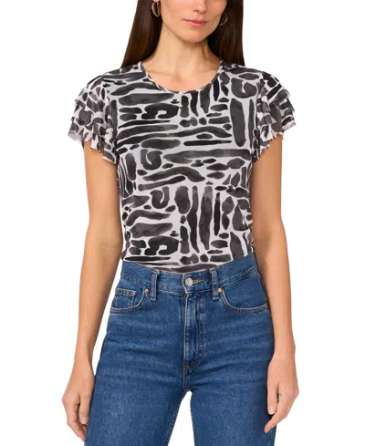 Vince Camuto Geo Print Flutter Sleeve Mesh Top In Lucent White
