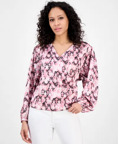 Hugo Boss Women's Printed Long-sleeve V-neck Blouse In Pink Aztec