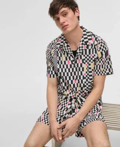 Mode Of One Mens Mixed Check Relaxed Fit Printed Button Down Camp Shirt Regular Fit Printed Swim Trunks Exclusiv In Black