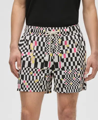 Mode Of One Men's Mixed Check Regular-fit Printed Swim Trunks, Exclusively At Macy's In Black