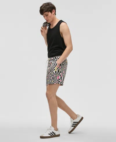 Mode Of One Men's Mixed Check Regular-fit Printed Swim Trunks, Exclusively At Macy's In Black