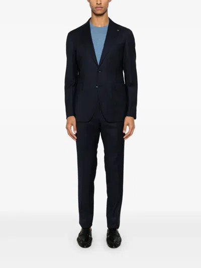 Tagliatore Blue Suit In Linen And Virgin Wool With Single-breasted Jacket And Trousers In Blue