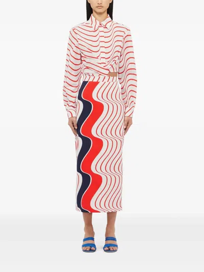 Msgm Red Skirt With Pencil Design And All-over Printed Motif In White