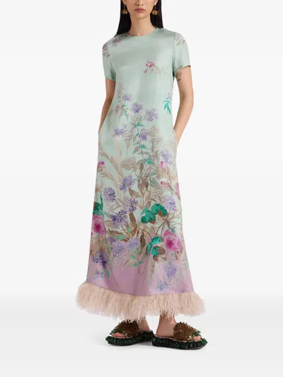 La Doublej Swing Feather-trimmed Printed Silk-twill Maxi Dress In Green