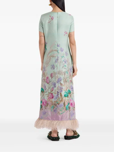 La Doublej Swing Feather-trimmed Printed Silk-twill Maxi Dress In Green