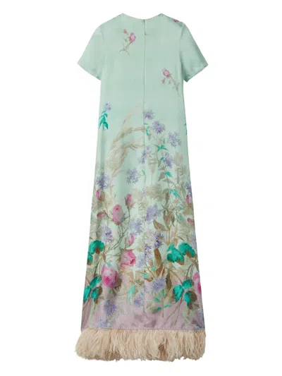 La Doublej Swing Feather-trimmed Printed Silk-twill Maxi Dress In Green