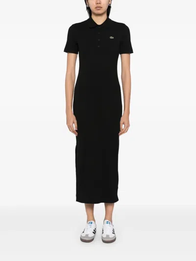 Lacoste Long-sleeves Ribbed Midi Dress In Black