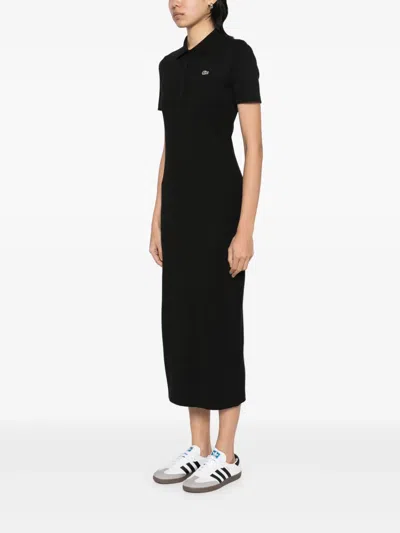 Lacoste Long-sleeves Ribbed Midi Dress In Black