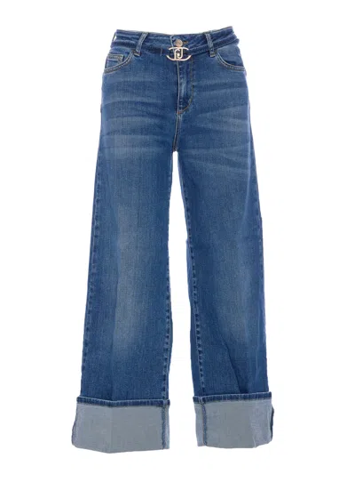 Liu •jo Wide Cuffs Denim Jeans Trousers With 5 Pockets In Blue