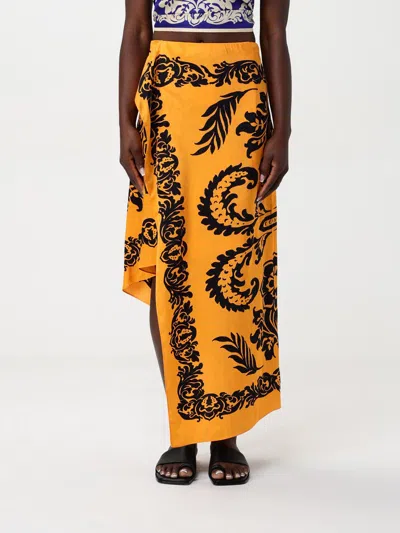 Etro Orange Skirt With Asymmetric Design And All-over Stencil Floral Print In Viscose Woman In Tangerine