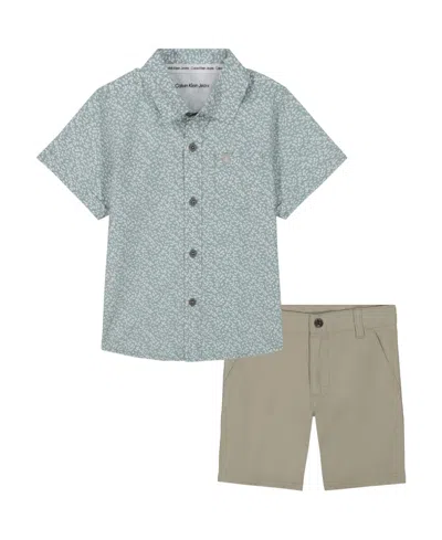Calvin Klein Toddler And Little Boys Printed Poplin Short Sleeve Shirt And Twill Shorts, 2-piece Set In Blue Surf,bright White,nautical Stone