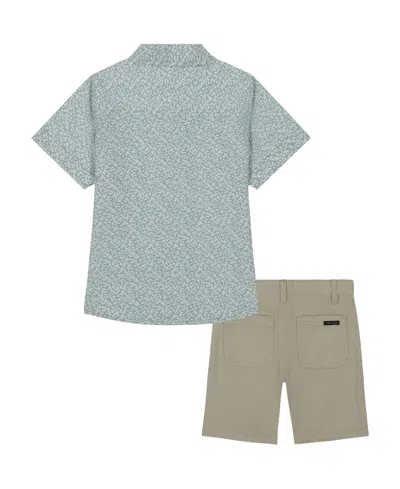 Calvin Klein Toddler And Little Boys Printed Poplin Short Sleeve Shirt And Twill Shorts, 2-piece Set In Blue Surf,bright White,nautical Stone