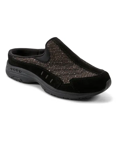 Easy Spirit Travel Time 676 Womens Leather Slip On Mules In Glitter Black Suede