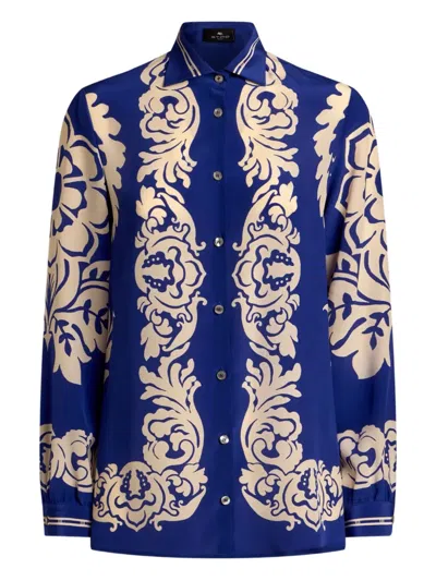 Etro Silk Shirt With Placed Floral Print In Blue