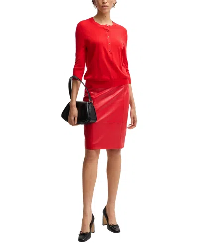 Hugo Boss Henley-neck Sweater In Merino Wool In Red