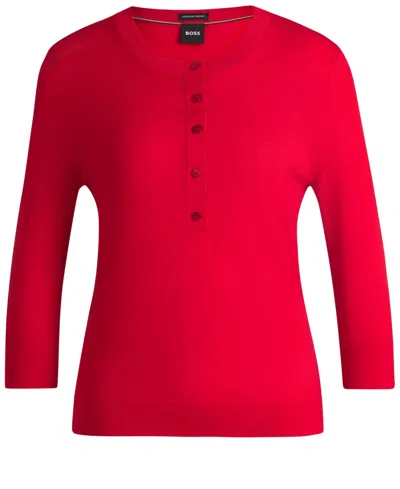 Hugo Boss Henley-neck Sweater In Merino Wool In Red
