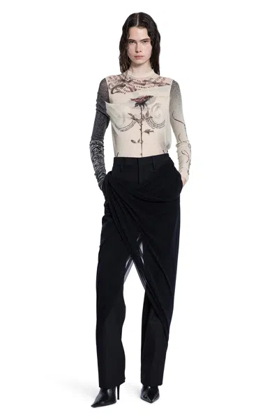 Jean Paul Gaultier Tattoo Print Cutout Double Layer Mesh Thong Bodysuit In Beige