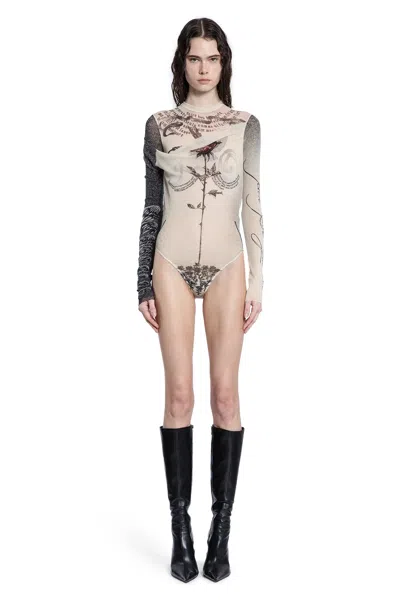 Jean Paul Gaultier Tattoo Print Cutout Double Layer Mesh Thong Bodysuit In Beige