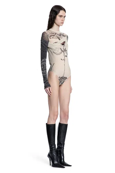 Jean Paul Gaultier Tattoo Print Cutout Double Layer Mesh Thong Bodysuit In Beige