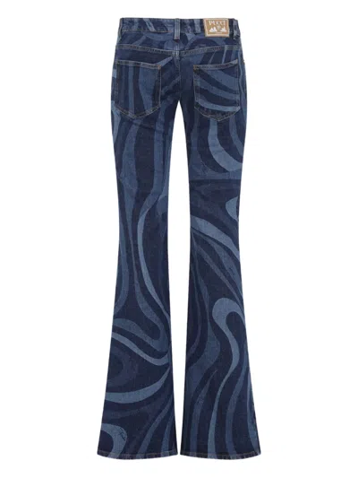 Pucci Modern Flared Denim Jeans With Swirling Pattern In Blue
