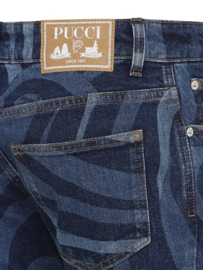 Pucci Modern Flared Denim Jeans With Swirling Pattern In Blue